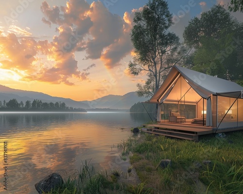 Lakeside glamping in ultra-modern tents with smart glass walls, offering stunning sunrise and sunset simulations. © JackBoiler