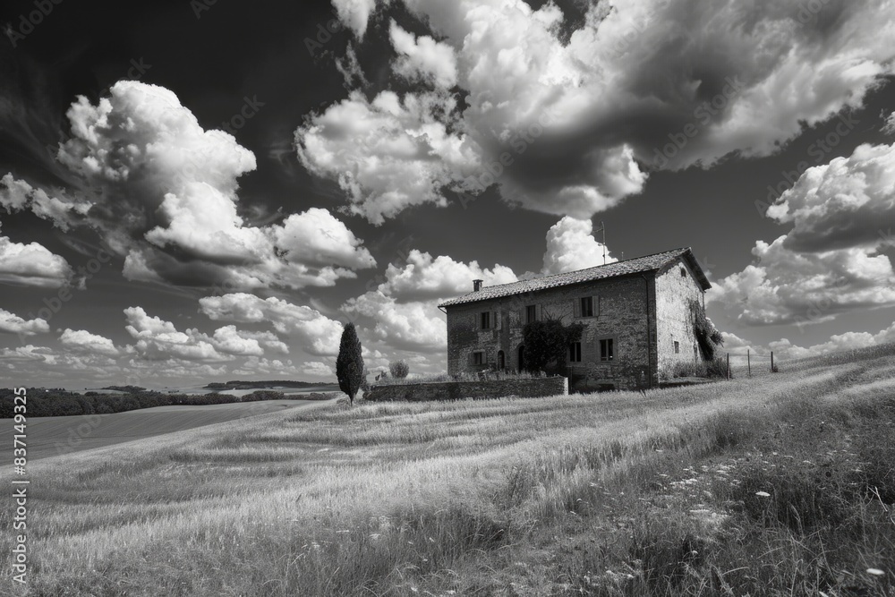 A house sits on a hillside in a field with a cloudy sky overhead. The house is old and has a rustic appearance. The field is empty and the sky is overcast, creating a moody atmosphere A house sits on a hillside in a field with a cloudy sky overhead. The house is old and has a rustic appearance. The field is empty and the sky is overcast, creating a moody atmosphere