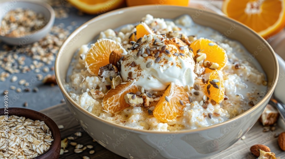 A bowl of warm porridge topped with chopped fresh oranges, a dollop of Greek yogurt, and a sprinkling of dried fruit, nuts, and seeds A bowl of warm porridge topped with chopped fresh oranges, a dollop of Greek yogurt, and a sprinkling of dried fruit, nuts, and seeds