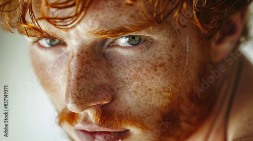 Close-up of a red-haired man  shot in bright light  his face radiates confidence and energy.