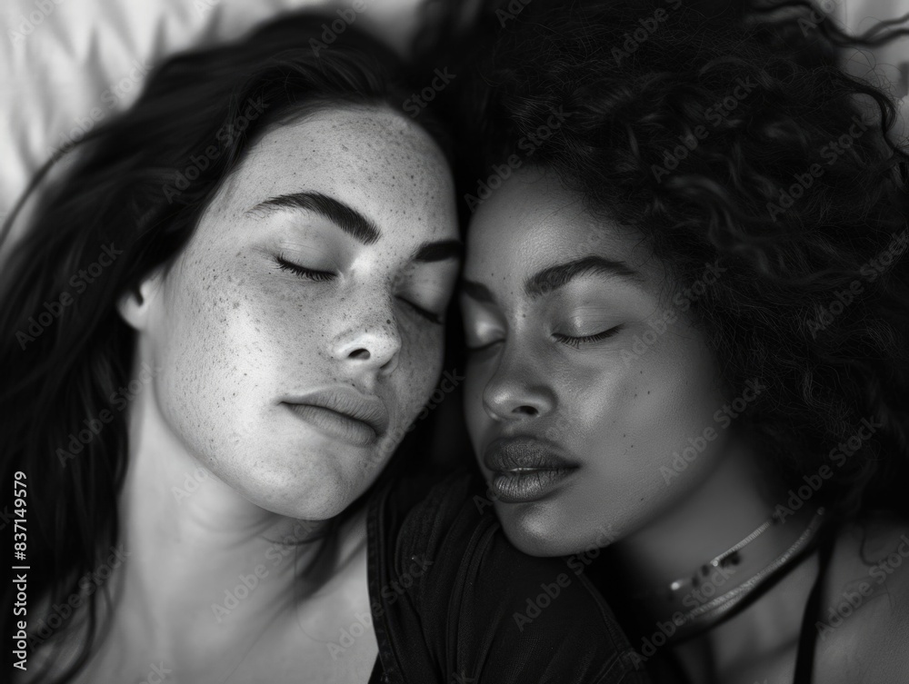Two women are sleeping next to each other. One of them has a necklace around her neck. Scene is peaceful and intimate Two women are sleeping next to each other. One of them has a necklace around her neck. Scene is peaceful and intimate
