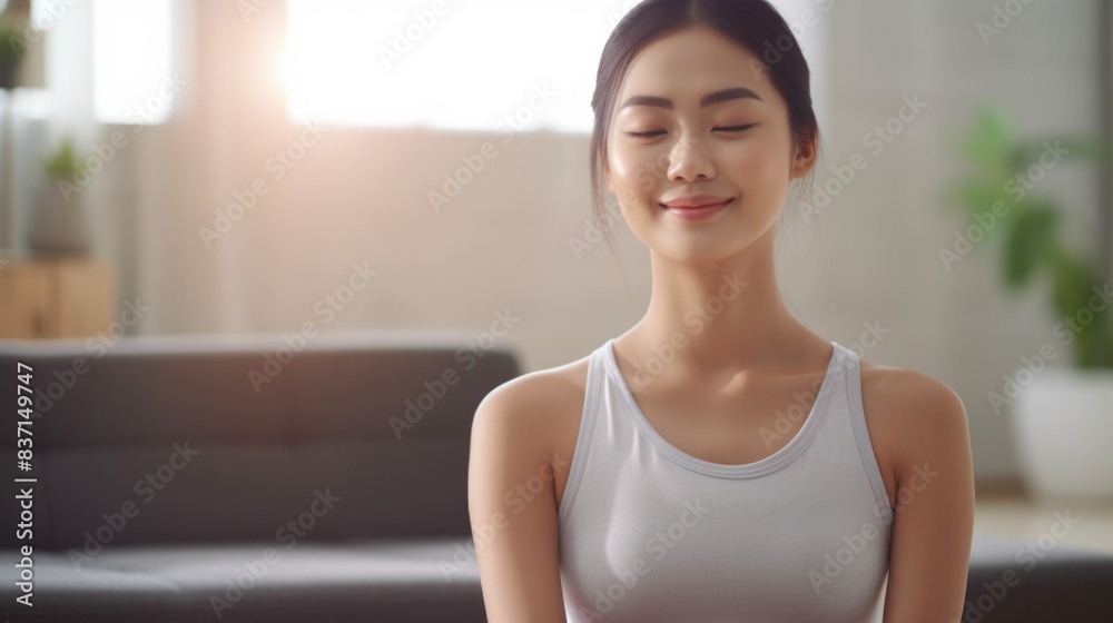A woman is sitting on a couch and smiling. She is wearing a white tank top and she is in a relaxed and peaceful state A woman is sitting on a couch and smiling. She is wearing a white tank top and she is in a relaxed and peaceful state