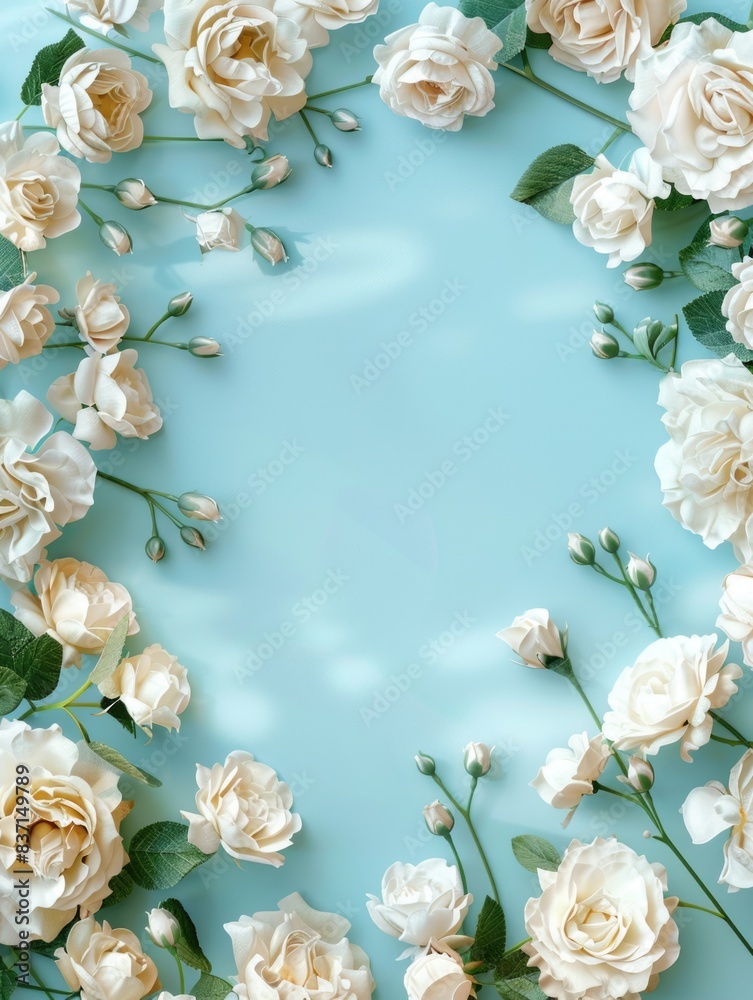 A blue background with a white flower arrangement