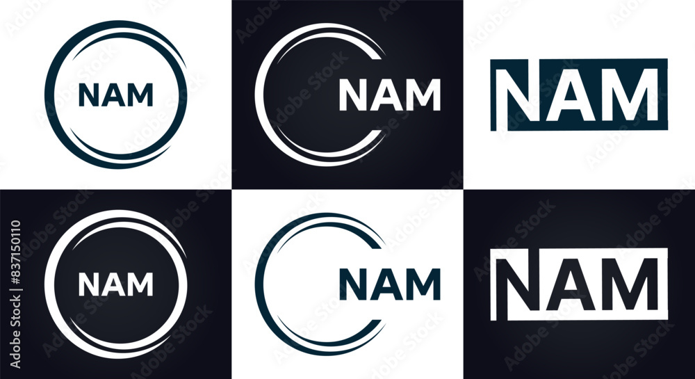 Obraz premium NAM logo. N A M design. White NAM letter. NAM, N A M letter logo design. N A M letter logo design in FIVE, FOUR, THREE, style. letter logo set in one artboard. N A M letter logo vector design. 