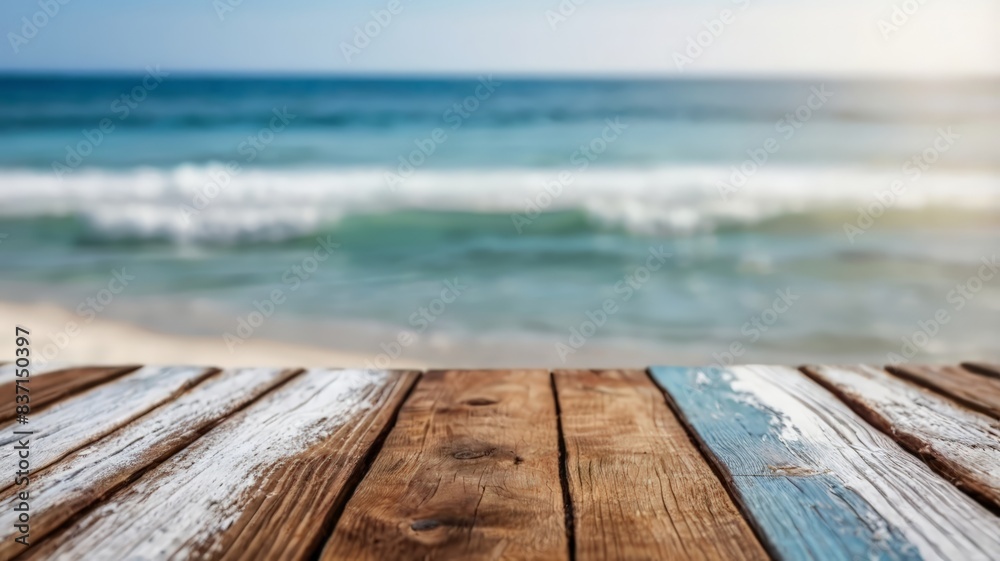 product display board on the beach. Empty wooden table light brown wood texture Blurred background, sea view and beach product display board on the beach. Empty wooden table light brown wood texture Blurred background, sea view and beach