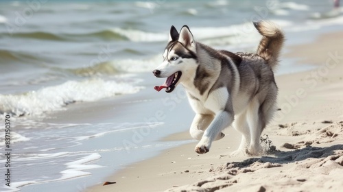 photo of a happy husky dog running along the beach and enjoying the sea breeze. --no text, titles, --ar 16:9 --quality 0.5 --stylize 0 Job ID: 79f770dc-2d9c-4a21-8669-59b6721f4bcb