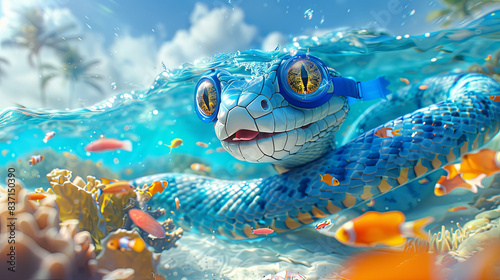 A cheerful blue snake, adorable in its demeanor, dives beneath the ocean's surface, swimming alongside colorful fish and use snorkel and swimming mask as it explores the vibrant underwater world