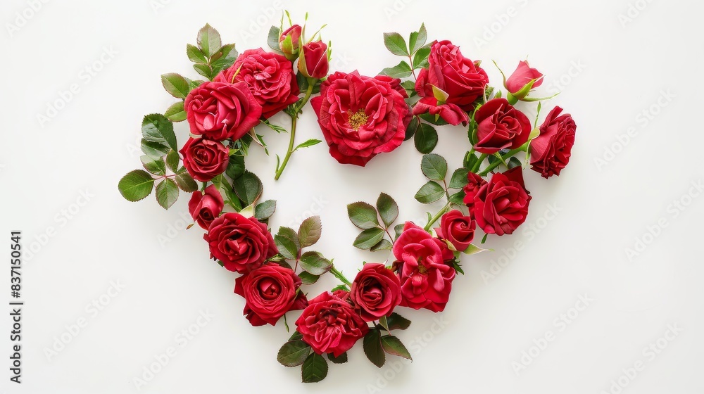 Romantic rose heart arrangement on a white surface for special occasions. Romantic rose heart arrangement on a white surface for special occasions.