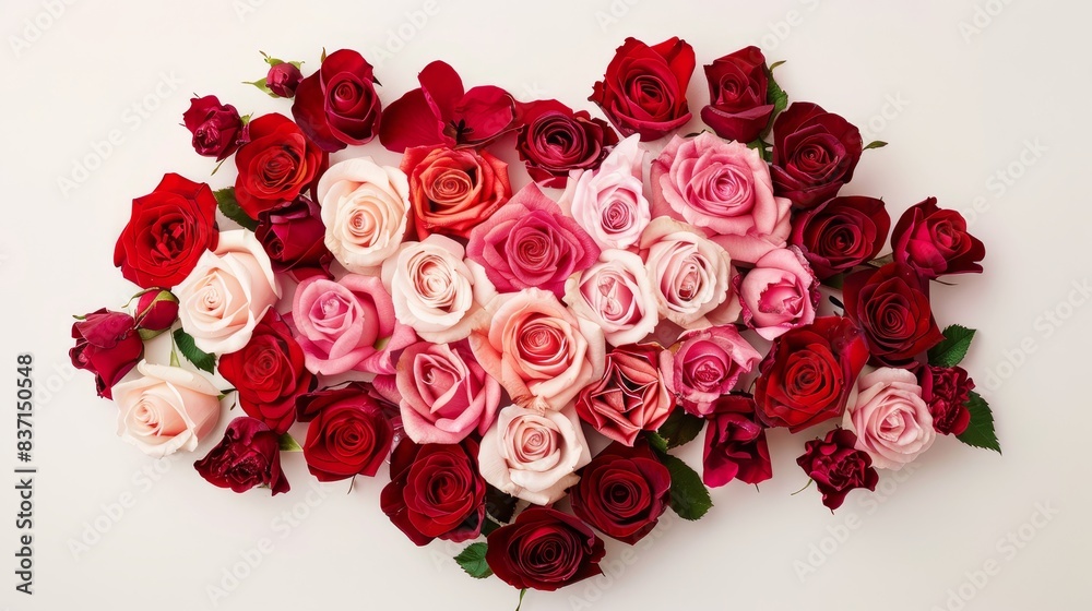 Floral heart made of pink and red roses on a pristine white background. Floral heart made of pink and red roses on a pristine white background.