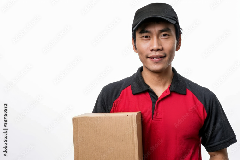 Smiling asian courier in uniform with cap holding a parcel against a white background symbolizing reliable and fast delivery service Smiling asian courier in uniform with cap holding a parcel against a white background symbolizing reliable and fast delivery service