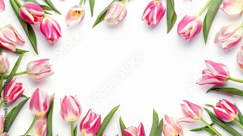 Red tulips with green leaves forming a frame on a white backdrop  ideal for floral designs.