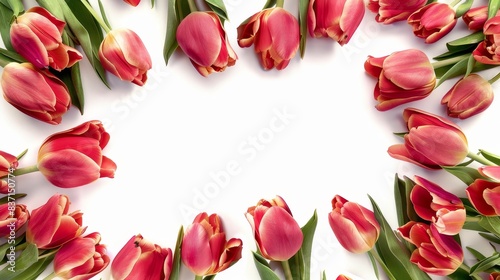Wallpaper Mural Beautiful frame of red tulips with green leaves on a white background. Torontodigital.ca