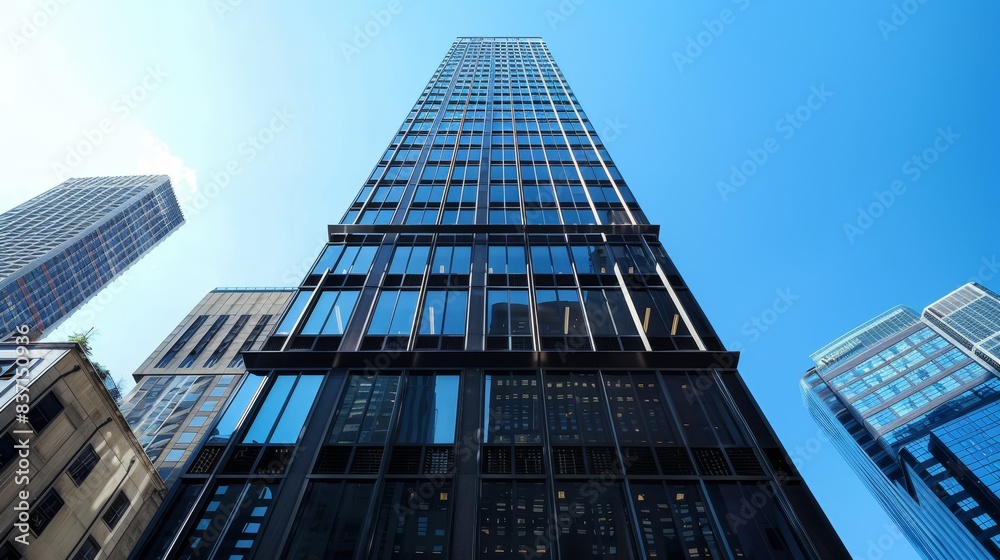Symmetrical modern tall building with glass panels in striking city skyline Symmetrical modern tall building with glass panels in striking city skyline