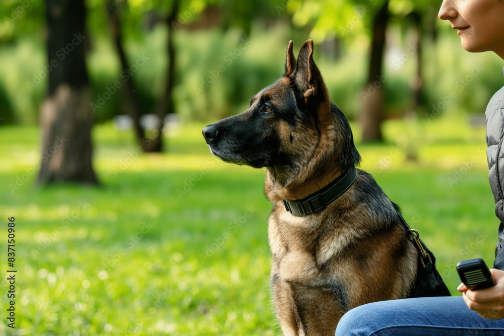 Close-up shot captures a loyal german shepherd sitting next to its owner in the park, showcasing a serene bond between human and dog during a tranquil afternoon outdoors Close-up shot captures a loyal german shepherd sitting next to its owner in the park, showcasing a serene bond between human and dog during a tranquil afternoon outdoors