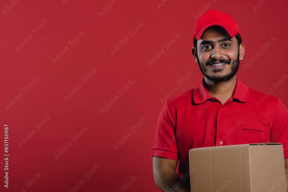 Smiling indian delivery man in red cap and polo shirt holding a cardboard box, representing reliable service, isolated on a red background Smiling indian delivery man in red cap and polo shirt holding a cardboard box, representing reliable service, isolated on a red background