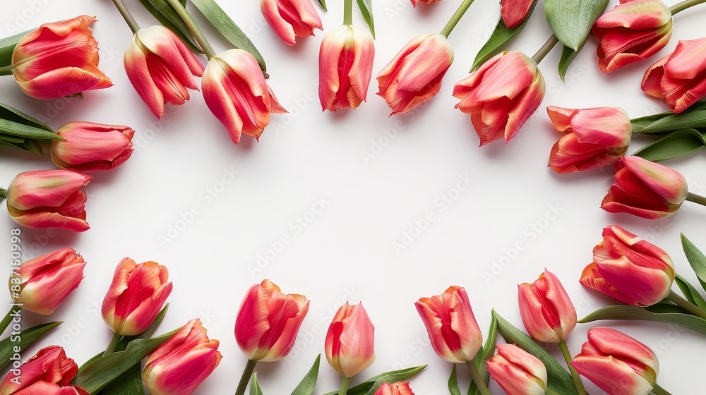 Red tulips with green leaves forming a frame on a white backdrop. Red tulips with green leaves forming a frame on a white backdrop.