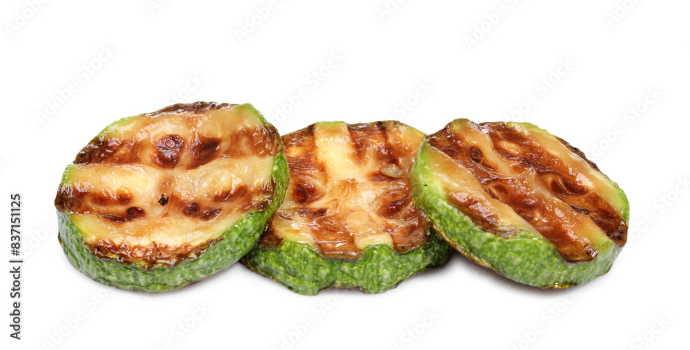 Slices of delicious grilled zucchini isolated on white