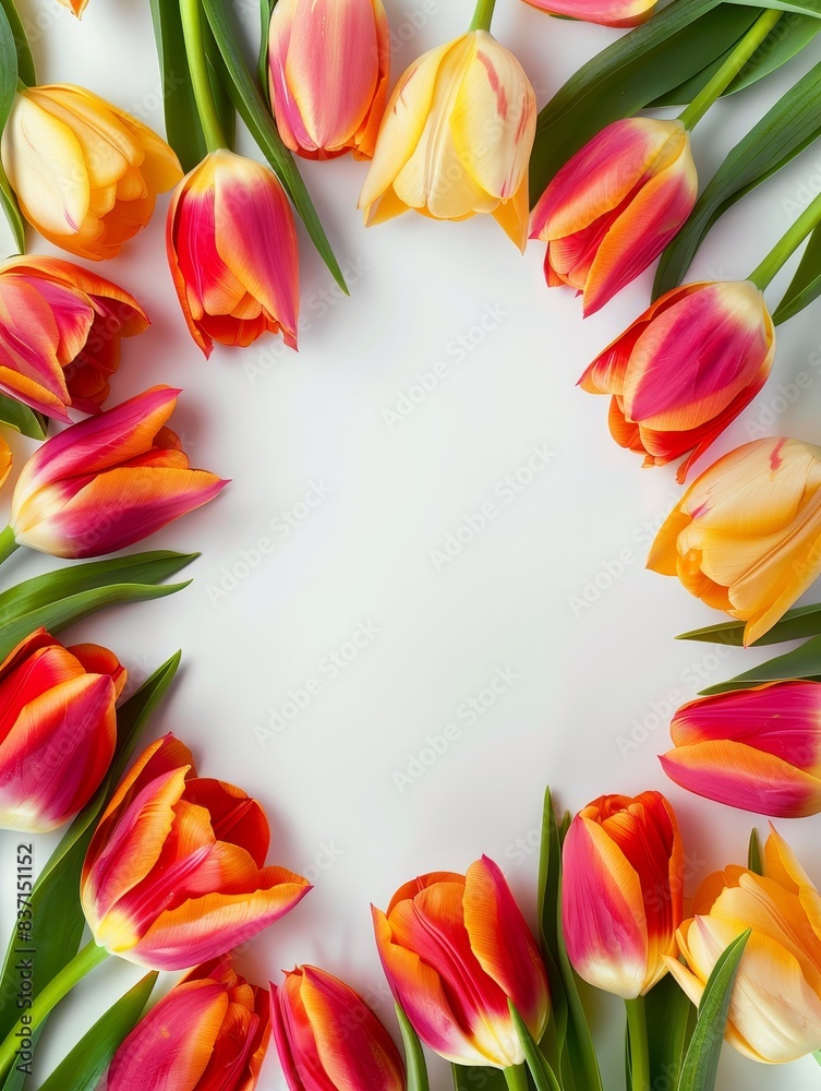 Tulips forming a border on white, creating a fresh spring look. Tulips forming a border on white, creating a fresh spring look.