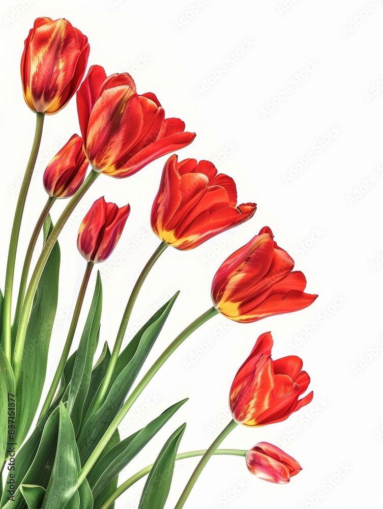 Vertical arrangement of tulips with green leaves on a white background. Vertical arrangement of tulips with green leaves on a white background.