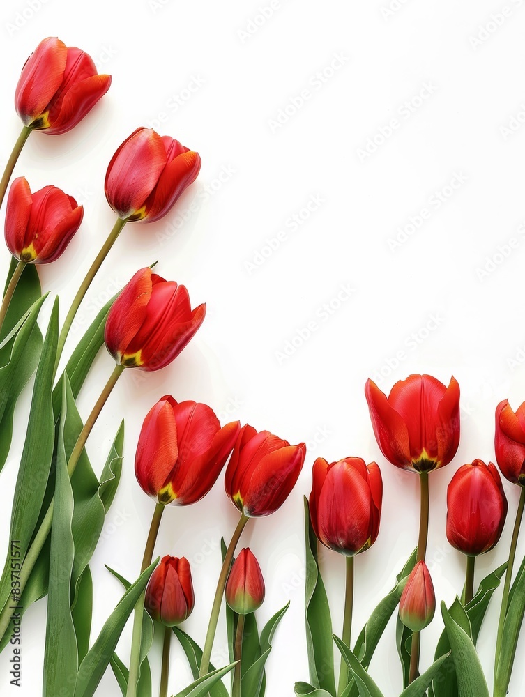 Fototapeta premium Elegant tulip arrangement with green leaves on a white backdrop, ideal for floral designs.