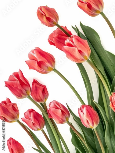 Red and white tulips arranged in a vertical frame on a white background, ideal for spring decorations.