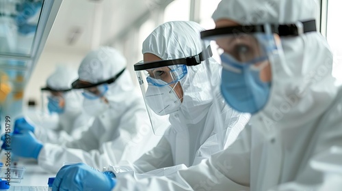 Fototapeta Naklejka Na Ścianę i Meble -  Scientists in a research lab studying animal genetics, wearing full safety equipment, isolated on white background, copy space