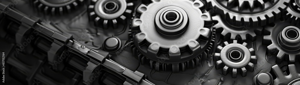 Ultra highresolution image of precisionengineered machine parts, showcasing intricate gear mechanics in a monochrome aesthetic Ultra highresolution image of precisionengineered machine parts, showcasing intricate gear mechanics in a monochrome aesthetic