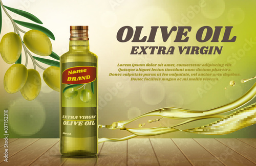 A bottle of olive oil on bokeh background. Vector flyer