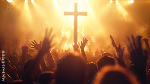 people silhouette with raised hands at christian concert worship God and Jesus Christ  on yellow background for overlay. Christian concept