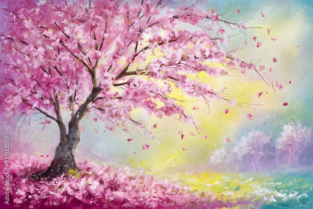 Vibrant canvas of blossoming tree with pink petals on pastel backdrop Serene and ethereal Vibrant canvas of blossoming tree with pink petals on pastel backdrop Serene and ethereal