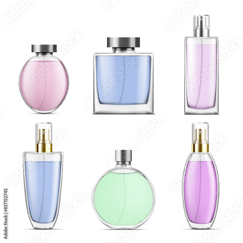 Perfume glass bottles various shapes caps and color. Vector illustration