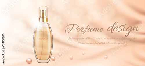 Perfume glass bottle package design smooth fabric with pearls background. vector illustration
