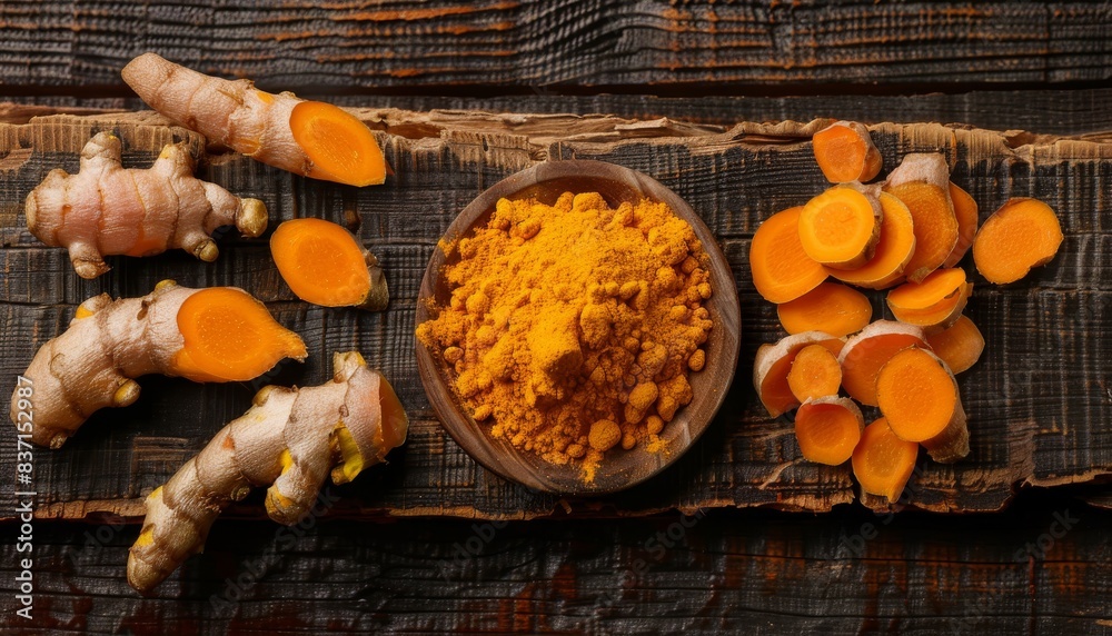 Fresh Turmeric Root and Ground Turmeric Powder on Wooden Surface Fresh Turmeric Root and Ground Turmeric Powder on Wooden Surface