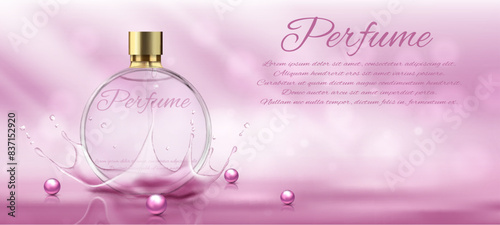 Perfume glass bottle light pink package design on pink background with glittering bokeh elements in vector illustration