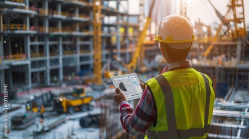 A project manager on-site with a tablet, coordinating various construction activities, set amidst a busy construction site with cranes and machinery. --ar 16:9 --style raw 