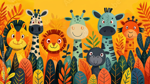 Adorable animal illustrations with a zoo theme, including zebras, giraffes, and hippos photo
