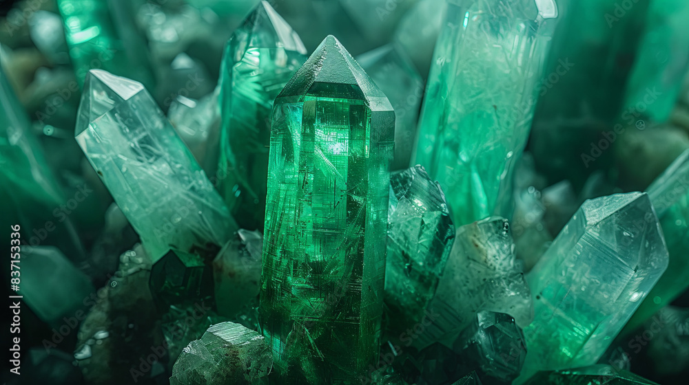 Stunning emeralds with vibrant green hues seen up close. These emeralds, perfect for jewelry, emit a radiant glow in low light. They are exquisite gems, boasting crystal-clear green tones Stunning emeralds with vibrant green hues seen up close. These emeralds, perfect for jewelry, emit a radiant glow in low light. They are exquisite gems, boasting crystal-clear green tones