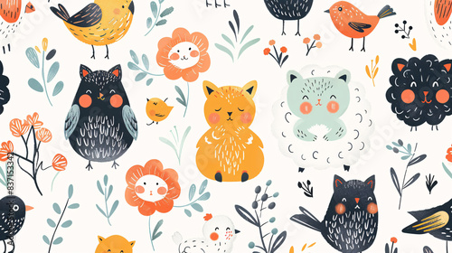 Adorable seamless pattern with baby animals like sheep, cats, and birds