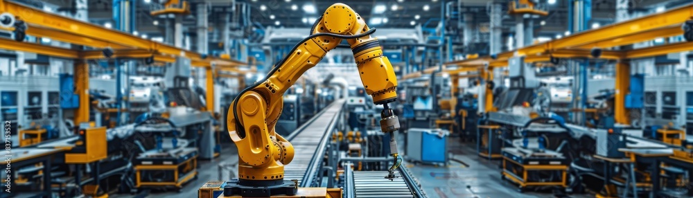 Dynamic perspective of a robotic arm amidst a bustling industrial setting, emphasizing the role of automation in enhancing productivity Dynamic perspective of a robotic arm amidst a bustling industrial setting, emphasizing the role of automation in enhancing productivity