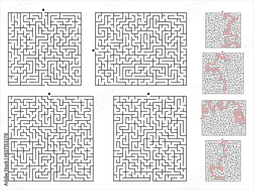 Vector maze template set. Blank black and white labyrinth collection. 