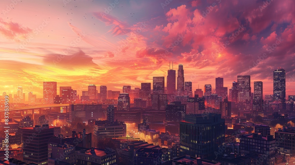 Fototapeta premium Golden Hour Glow Stunning Cityscape Silhouette at Dusk