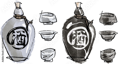 日本酒・徳利の手書きイラスト（筆書き墨絵風）