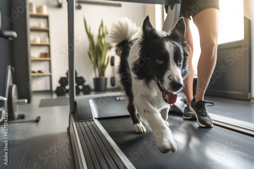 Playful black and white dog joins its owner's workout, enthusiastically running on a treadmill in a modern home gym setting, depicting an adorable fitness routine