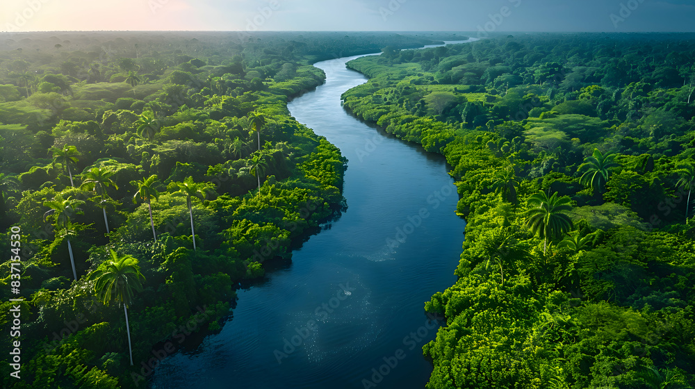 A vast nature river delta with winding waterways and lush vegetation, the sky clear and blue above A vast nature river delta with winding waterways and lush vegetation, the sky clear and blue above