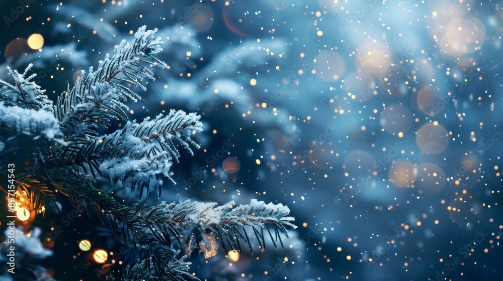 Snow-covered pine branches with twinkling fairy lights and a dark blue background Snow-covered pine branches with twinkling fairy lights and a dark blue background
