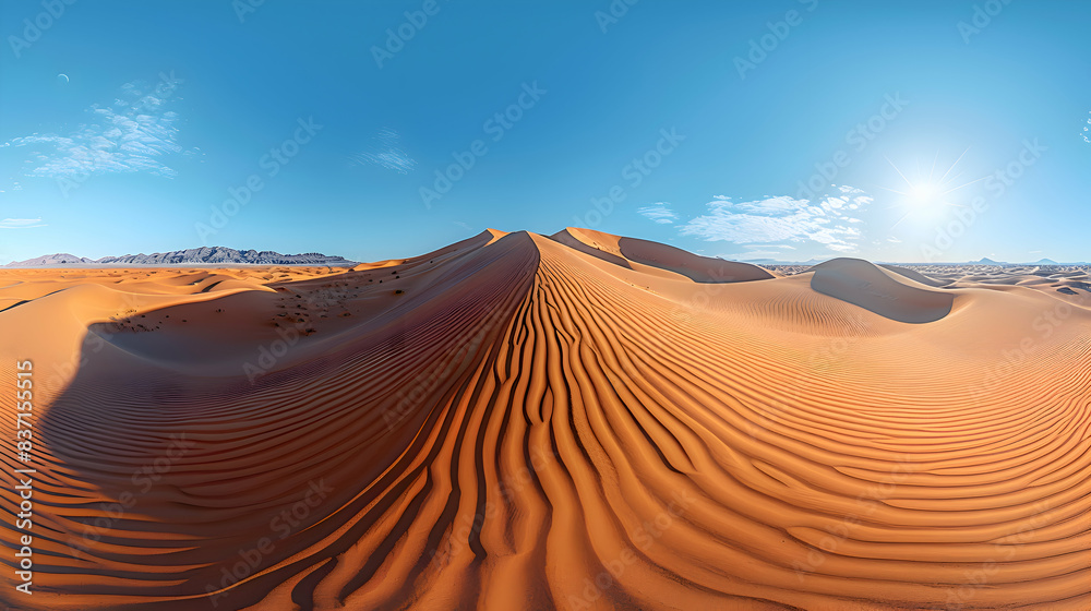 A vast nature sand dune with ripples in the sand and a clear blue sky, the sunlight casting dramatic shadows