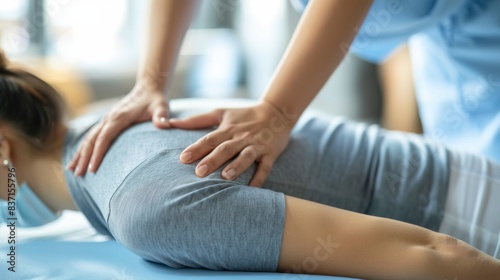 a therapist applying firm pressure to a woman's lower back photo