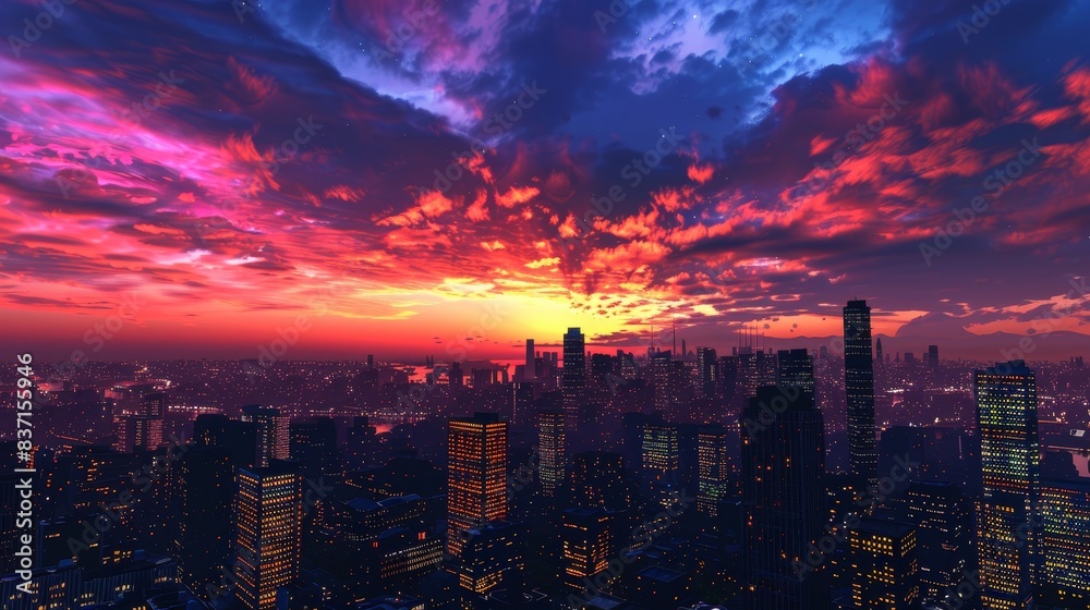 Cityscape Sunset Vibrant Skyline Silhouette in Urban Twilight Dramatic City Skyline with Colorful Sunset Background Modern Urban Landscape Photography