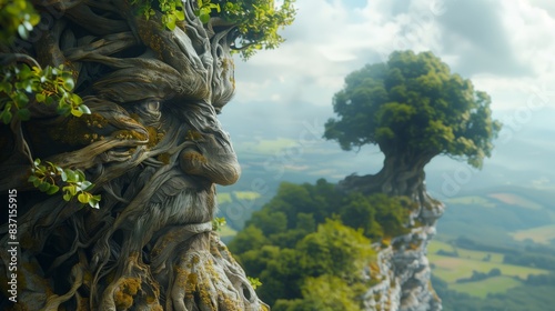 Serious ent, alive tree character stands on the top of green hill with beautiful landscape with big oak tree at background.
 photo