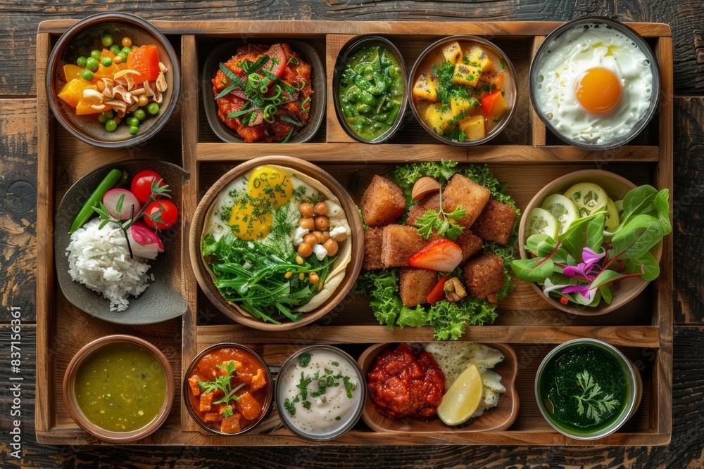 wooden compartmental dish with delicious healthy vegetarian breakfast, view from above wooden compartmental dish with delicious healthy vegetarian breakfast, view from above